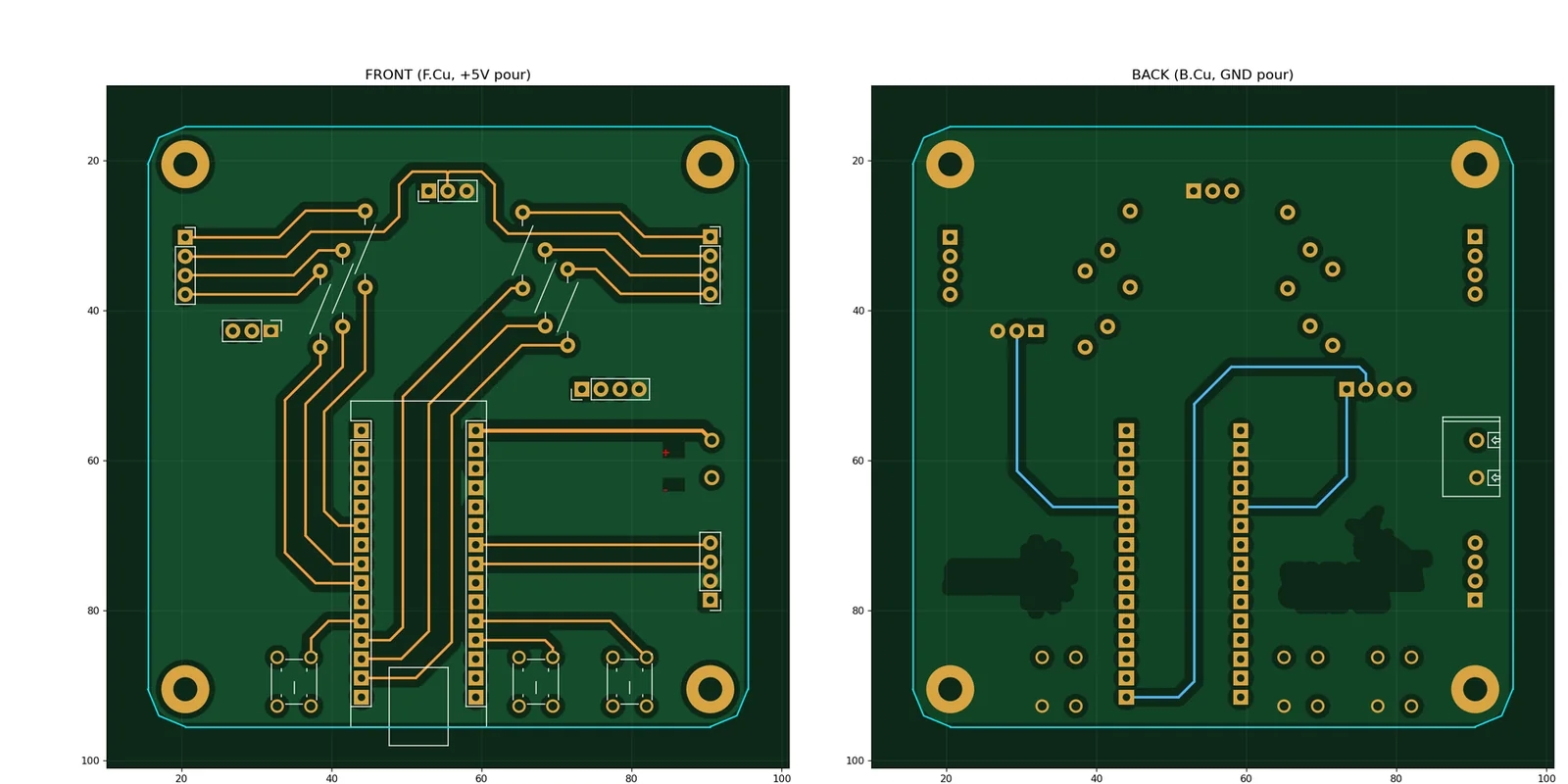 F.Cu carries the +5 V pour, B.Cu carries the GND pour